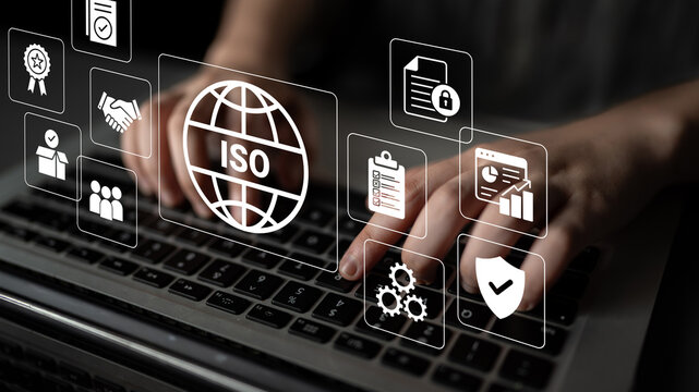 Digital Abstract Representation of ISO Certification Process with Hands on Keyboard, Icons and Symbols Related to Standards, Security, and Quality Assurance. Glyphic.