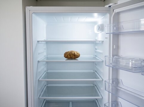 A single fresh brown potato sitting on a shelf inside an open empty kitchen refrigerator