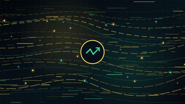 Animated data streams and particles flowing across a dark grid background with a central financial growth arrow icon, representing technology, fintech, business success, and stock market analysis