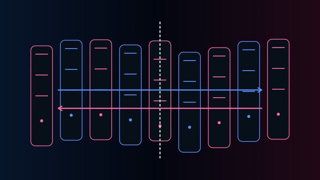 Animated infographics showing abstract server racks processing information, with neon lines visualizing data transmission and computing tasks, representing a modern digital data center technology