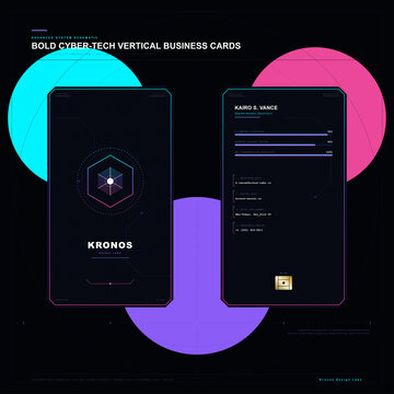 Futuristic cyber-tech vertical business card layout featuring neural architect stats, neon circles, and an NFC chip detail