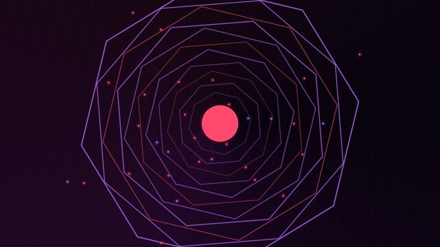 Abstract animation featuring a glowing red core inside a rotating tunnel of purple and pink neon polygons, creating a seamless loop against a backdrop of twinkling digital particles