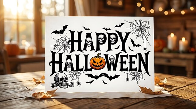 Happy Halloween Typography Sign Card with Pumpkin Skulls and Bats