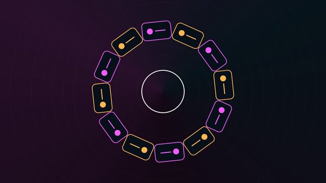 Seamlessly looping animation of a futuristic circular mechanism with rotating elements and glowing icons, representing data processing, networking, or a technological interface on a dark background