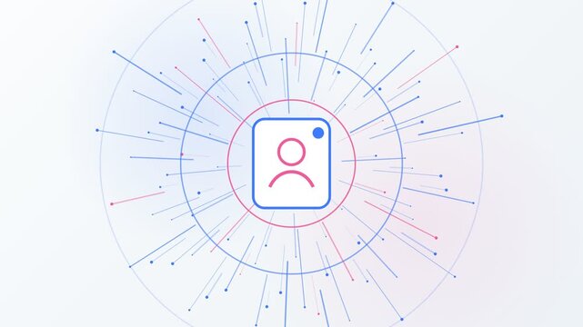 Animated user profile icon at the center of a radiating network of connections, representing social media engagement, data transfer, and digital community on a clean white background