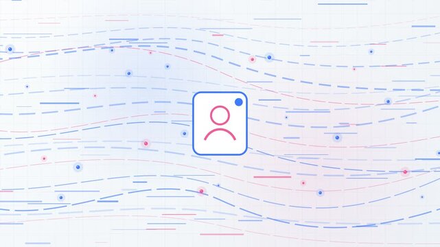 User profile icon from a social media platform floating on an abstract animated background with flowing lines and dots, representing digital connection, data streams, and online identity