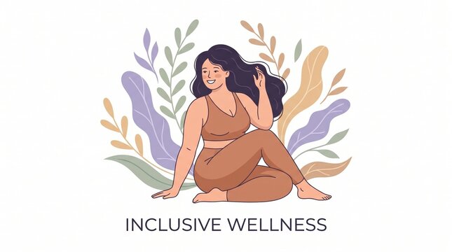 A plus size woman sits in a yoga pose surrounded by leaves. Promoting body positivity and inclusive wellness. Ideal for health blogs, fitness websites, and social media campaigns.
