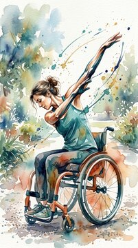 Watercolor illustration of a woman in a wheelchair stretching outdoors in a park. The scene conveys peace and resilience. This artwork supports mental health awareness.
