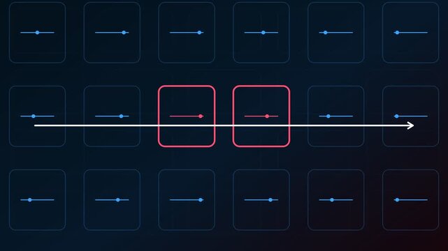Abstract animation depicting futuristic data processing with glowing particles and highlighted blocks. Illustrating concepts like quantum computing. Algorithm execution. And digital information flow