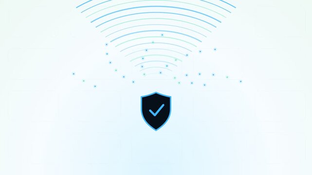 Digital shield icon protecting a network from incoming digital threats on a white background, representing data protection, firewall defense, and network security concepts for technology