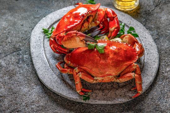Whole cooked  crabs on white plate with lemon and beer. Top view