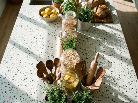 Overhead view of modern kitchen island with glass grain jars, fresh rosemary, and wooden utensils on terrazzo counter