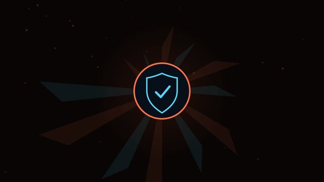 Glowing blue shield icon with a checkmark pulsing inside a circle against a dark background with rotating abstract shapes, representing cybersecurity, data protection, and online safety