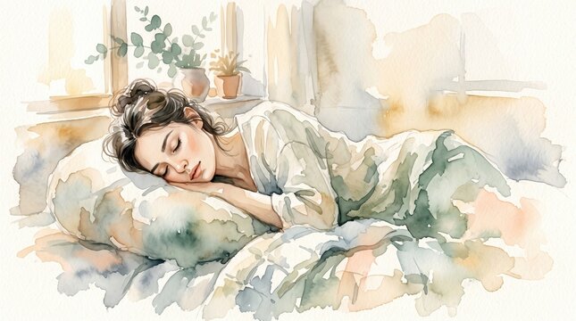 A woman sleeps peacefully in bed surrounded by soft watercolor washes. The mood is calm and serene with a gentle morning light. Ideal for wellness, sleep health, or lifestyle content.