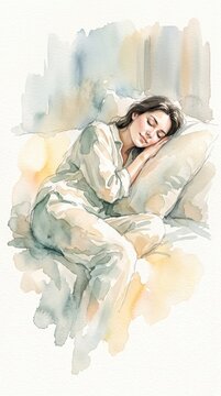 Watercolor painting showing a woman sleeping peacefully on a pillow. The soft colors and brushstrokes create a calm and restful atmosphere. Perfect for wellness or mental health content.