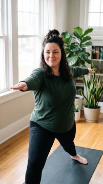 A plus-size woman performs the warrior two yoga pose on a black mat. The bright living room features plants and large windows creating a peaceful atmosphere. Ideal for wellness content.