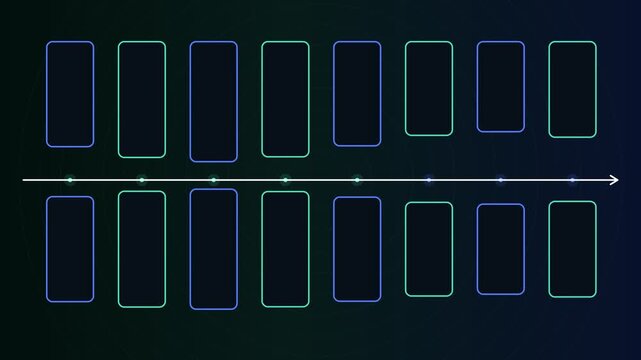 Dynamic animation showing abstract data blocks with blue and green glowing outlines moving along a timeline, visualizing information flow, technology concepts, or digital processes