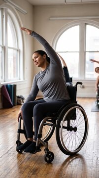 A woman in a wheelchair performs a side stretch during a group yoga class in a bright studio. This image promotes inclusivity, health, and determination. Ideal for healthcare or fitness blogs.