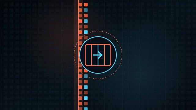 Digital animation showing an arrow icon for data transfer, upload, or login moving upwards on a dark grid background with futuristic technological elements, indicating a successful process
