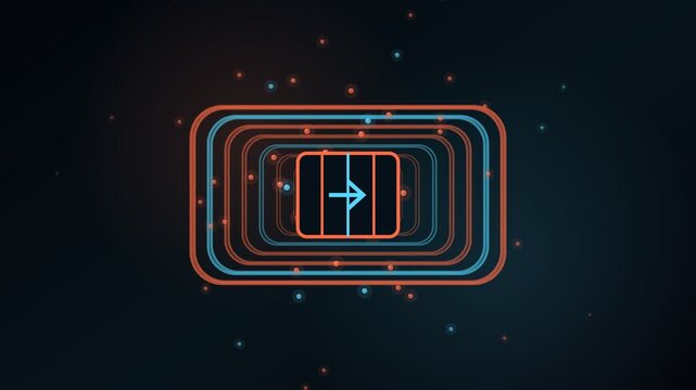 Glowing rectangular frames creating a futuristic neon tunnel with an arrow symbol at the center, surrounded by moving particles on a dark background in a seamless, mesmerizing motion