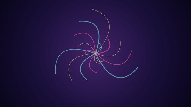 Colorful curved lines emanating from a central point, gracefully rotating and creating a dynamic spiral shape against a dark purple background, perfect for presentations or technology concepts