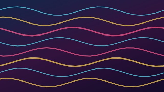 Abstract colorful wavy lines moving horizontally across a dark purple background in a seamless loop, creating a hypnotic and dynamic visual effect perfect for modern digital presentations