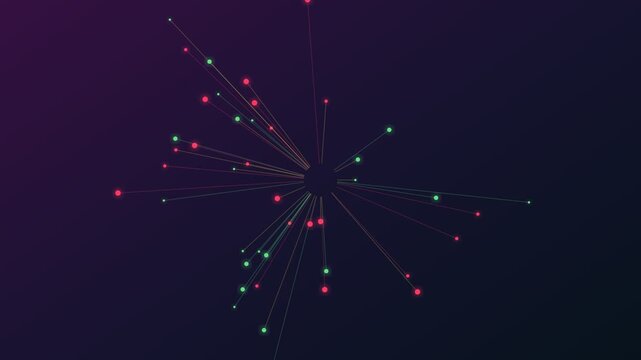 Pulsating red and green nodes connecting to a central point, symbolizing a dynamic flow of information and communication within a futuristic digital network on a dark purple background