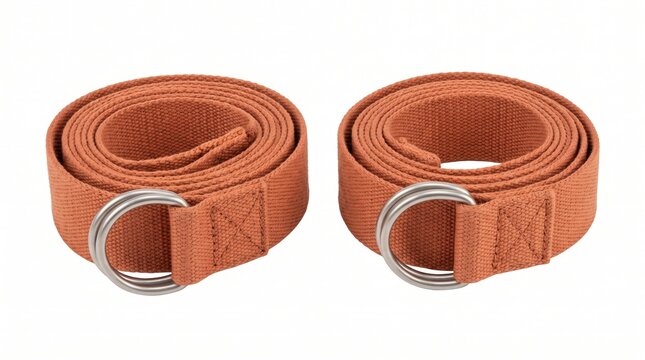 Two rolled terracotta cotton yoga straps with metal D-ring buckles. Clean studio shot representing fitness and flexibility. Perfect for yoga practice, physical therapy, and stretching.