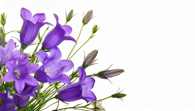 Purple Campanula Flowers In A Floral Arrangement Isolated On White Or Transparent Background
