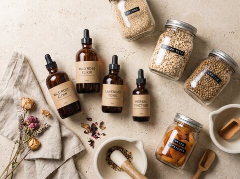 Flat lay of apothecary amber glass bottles and dry food storage containers on beige textured limestone counter with linen