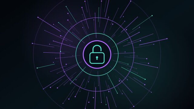 Futuristic animation showing a padlock icon locking and unlocking, symbolizing digital security, data protection, and network safety with radiating particles on a dark background