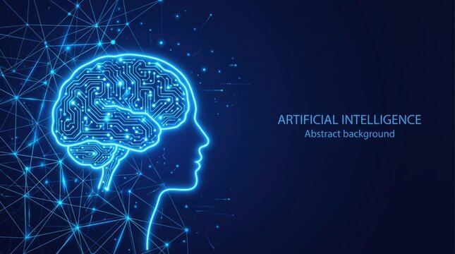 A futuristic digital representation of a human mind with interconnected lines and points on a dark blue background.