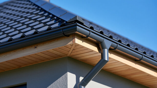 Modern house roof with installed dark metal gutter system. Ideal for residential construction and maintenance projects.