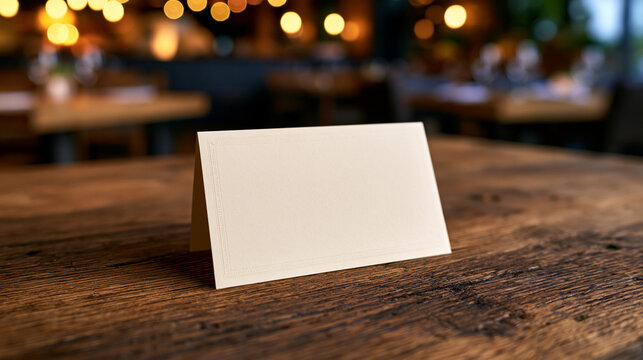 Blank folded paper place card on a rustic wooden restaurant table. Perfect for event seating arrangements and menus.