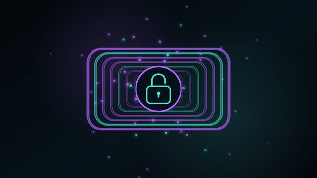 Neon padlock icon pulsing and alternating between locked and unlocked states, symbolizing digital security, data encryption, and network protection against cyber threats on a dark background