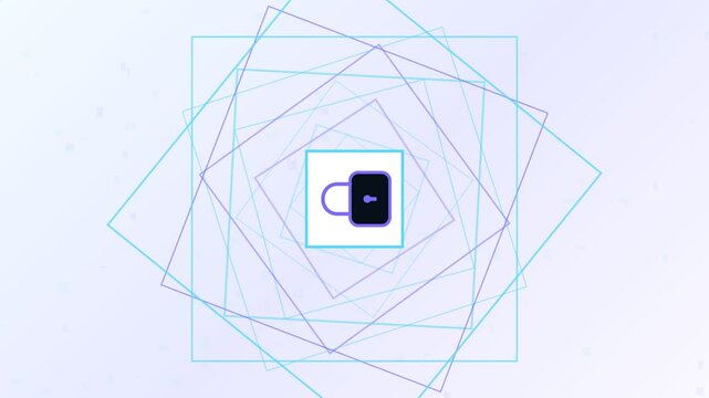 Abstract animation showing a dark padlock icon spinning inside a rotating geometric tunnel of light blue and purple squares, representing data protection, privacy, and online security