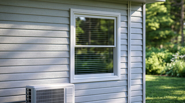 Modern home exterior with gray vinyl siding and a window. Concept for energy efficiency and residential renovation.