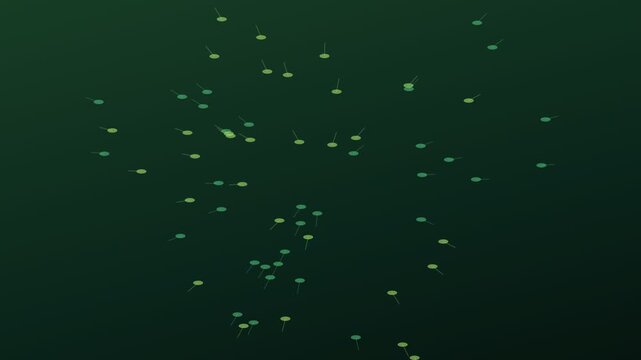 Microscopic view of numerous green sperm cells swimming randomly on a dark background, representing fertilization, reproduction, and the biological process of conception in a stylized animation