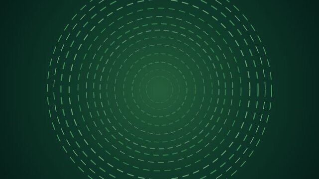 Seamless looping animated background featuring hypnotic rotating concentric circles composed of glowing dashed lines on a dark green radial gradient, creating a futuristic and technical visual