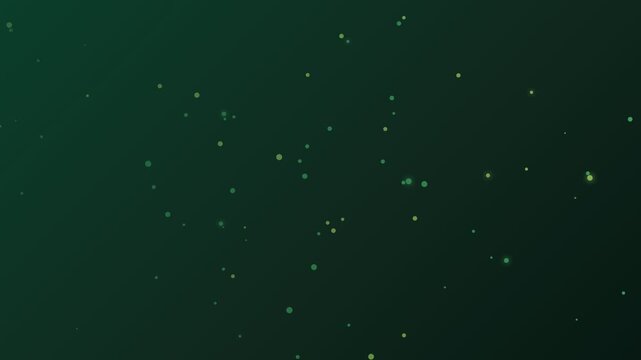 Abstract animated background with tiny green bokeh particles shimmering and floating in a random, slow motion against a dark green gradient background, creating a peaceful and magical effect