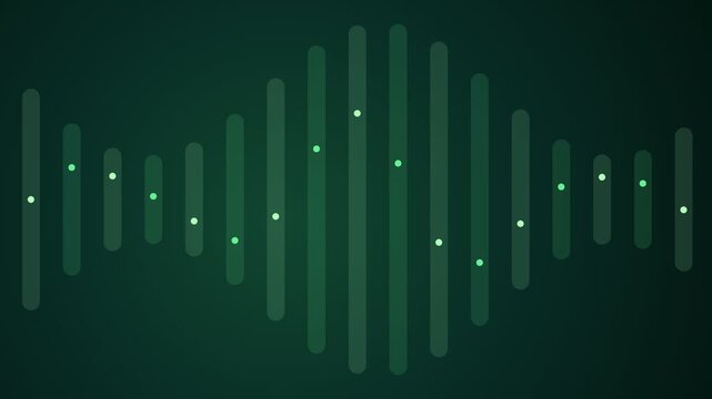 Abstract green music equalizer bars fluctuating on a dark background. Stylish animation representing sound waves, voice frequency, digital data visualization, or a dynamic audio interface display