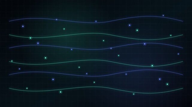 Futuristic digital animation showing glowing wavy lines and moving particles on a dark grid background, representing abstract data analysis, information flow, or technological processes