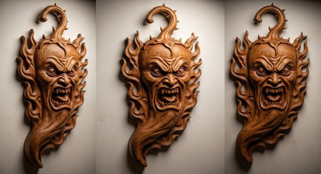 Three perspective views of a fierce wooden carved chilli mask surrounded by flames