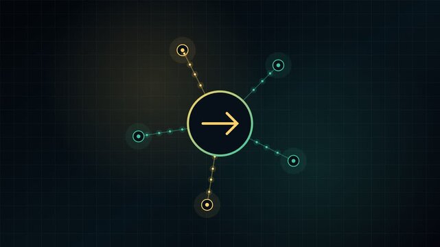 Digital network animation showing nodes connecting and disconnecting from a central hub with an arrow, representing data flow, communication, distribution, and technological advancement