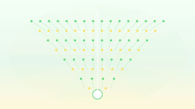 Animated infographic representation of data sorting and filtering, with information flowing from multiple points into a central processing unit, demonstrating a concept of big data analysis