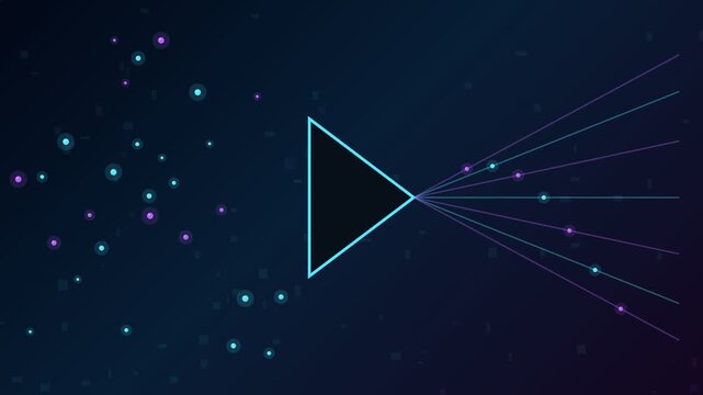 Glowing triangular shape processing digital information with flowing particles and data streams on a dark blue background, representing big data, technology, and futuristic network concepts