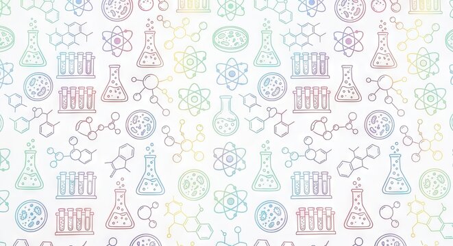 Science seamless pattern atoms molecules beakers
