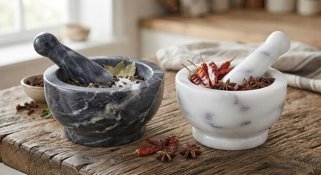 Two marble mortar pestle sets with spices
