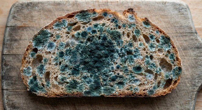 Moldy bread slice with green fungus
