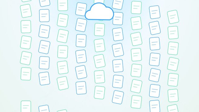 Modern digital animation showing stylized documents and data flowing upwards into a cloud server, representing the concept of uploading information, online storage, and data transfer
